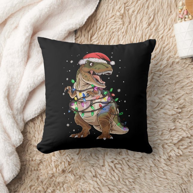 Dinosaur T-rex Tree Christmas Sweater Xmas Dino Throw Pillow (Blanket)