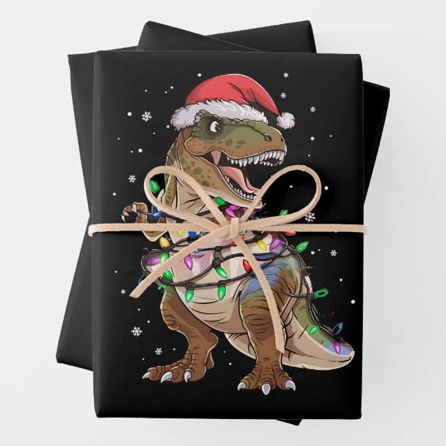 Dinosaur T-rex Tree Christmas Sweater Xmas Dino Wrapping Paper Sheet (In situ)