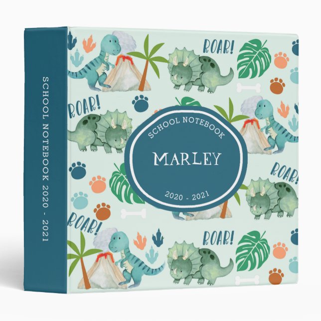 Dinosaur T Rex Triceratops Pattern Kids School Binder (Front/Spine)