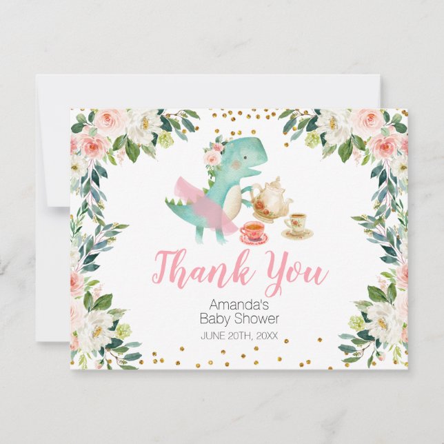 Dinosaur Tea Party Baby Shower Thank You Card (Front)