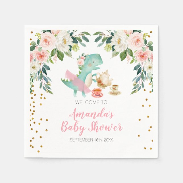Dinosaur Tea Party Birthday Baby Shower Floral Napkin (Front)