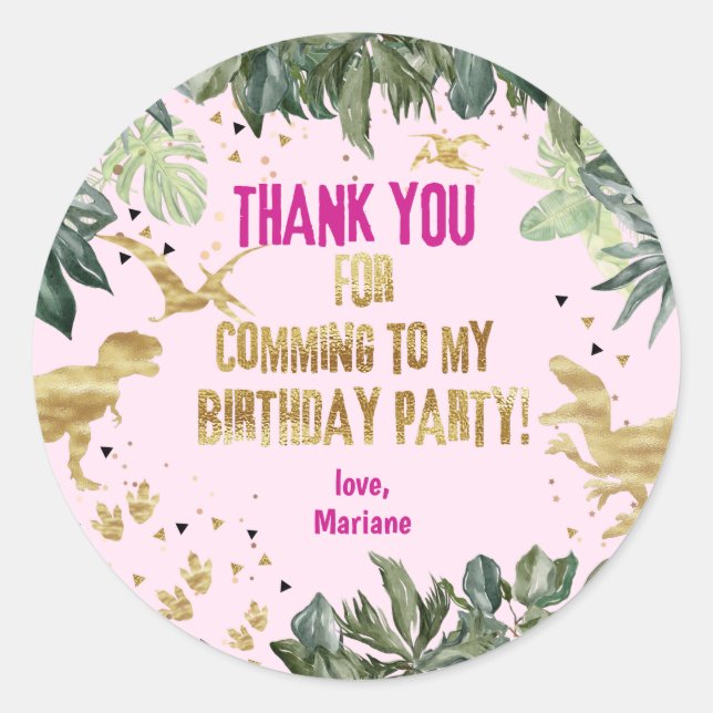 Dinosaur Thank You Favour Girl T-rex  Classic Round Sticker (Front)