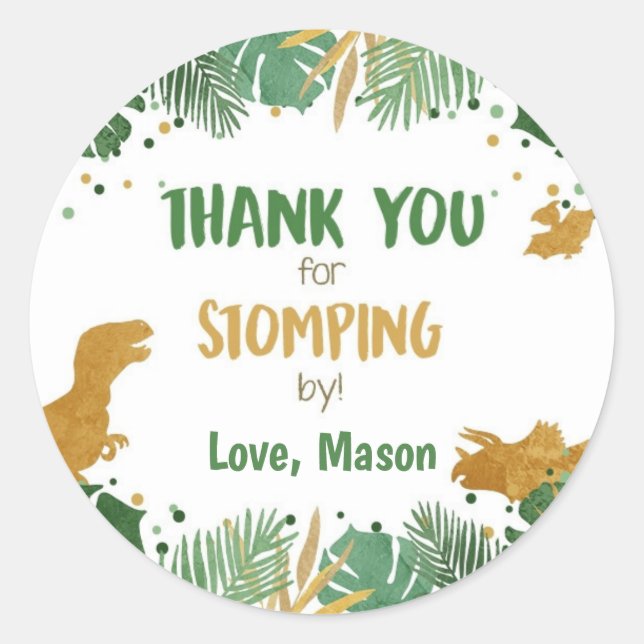 Dinosaur Thank You Stomping By Boy Birthday Classic Round Sticker (Front)