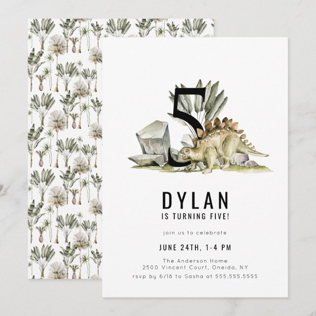 Dinosaur Theme 5th Birthday Party Invitation (Front/Back)