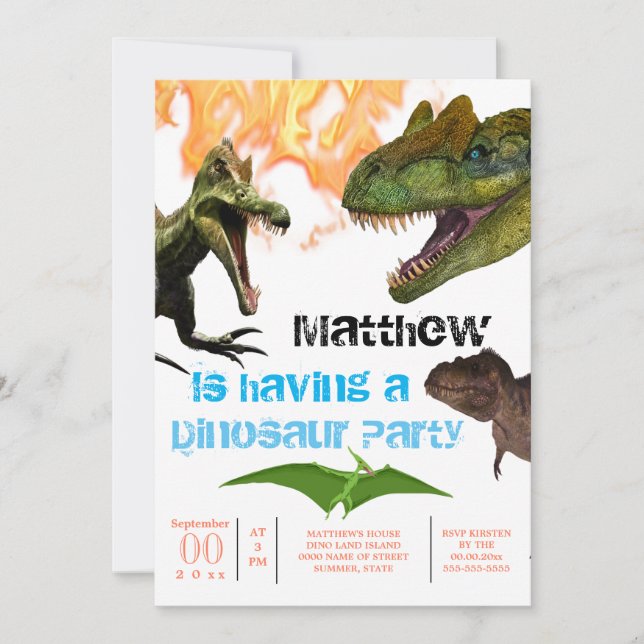 Dinosaur theme birthday party t-rex flames invitation (Front)