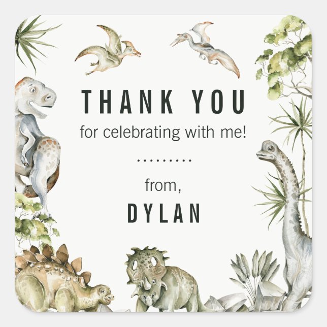Dinosaur Theme Birthday Party Thank You Square Sticker (Front)