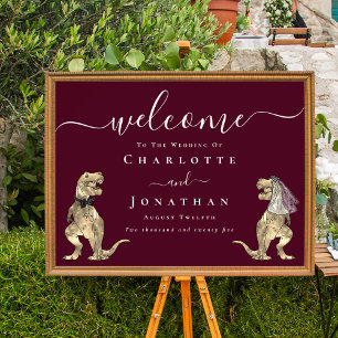 Dinosaur Theme Burgundy Wine Wedding Welcome Poster