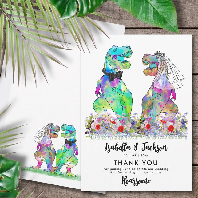 Dinosaur Thème Mariage Merci (Funny T-Rex bride and groom dinosaur wedding thank you card with colorful wildflowers)