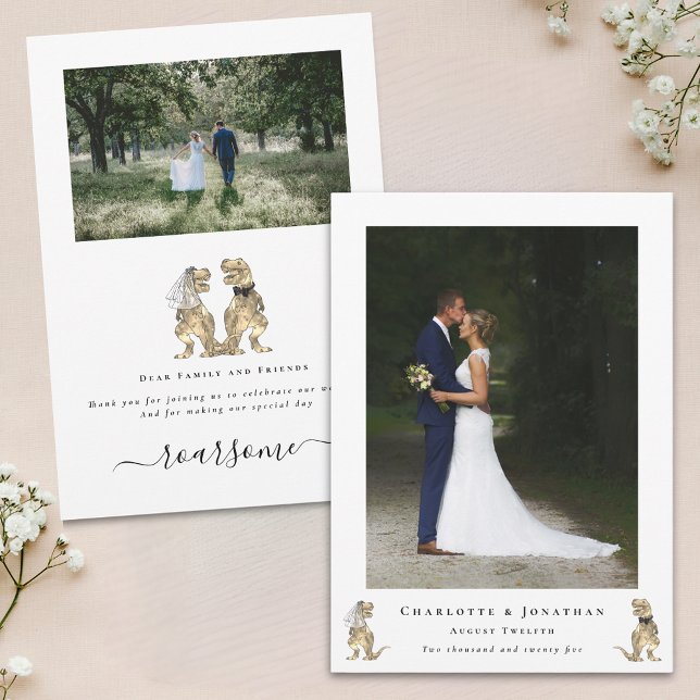 Dinosaur Thème Mariage Photo Merci (Dinosaur theme wedding 2 photo thank you card simple minimalist with elegant modern script)