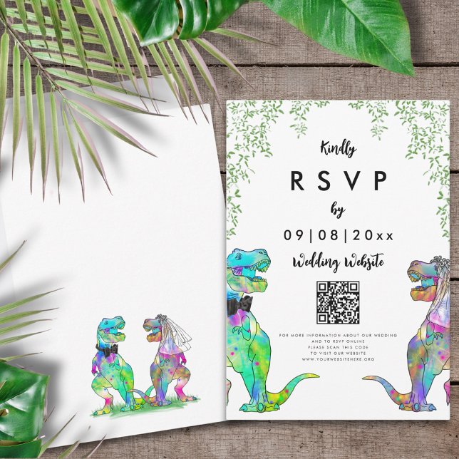 Dinosaur Thème Mariage Réponse QR Code (T-Rex bride and groom colorful dinosaur wedding invitation RSVP enclosure card with website QR code)