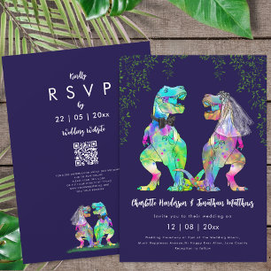 Dinosaur theme Navy Blue Pink Wedding QR Code  Invitation