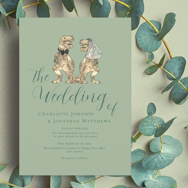 Dinosaur Theme Sage Green Wedding Invitation (Dinosaur theme wedding sage green elegant modern script invitation fun T-Rex bride and groom)