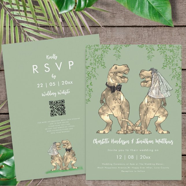Dinosaur theme Sage Green Wedding QR Code  Invitation (T-Rex bride and groom dinosaur sage green wedding qr code invitation )