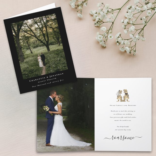 Dinosaur Theme Wedding 2 Photo Thank You Card (Dinosaur theme elegant black and white wedding 2 photo thank you card fun T-Rex dino bride and groom)