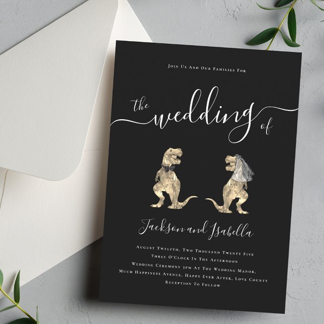 Dinosaur Theme Wedding Black and White Invitation (Black and white dinosaur theme wedding invitation modern Elegant script T-Rex dino bride and groom)