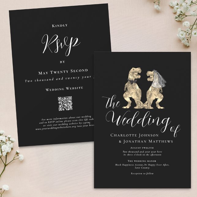 Dinosaur Theme Wedding Black and White QR Code Invitation (Dinosaur theme wedding black and white QR code invitation T-Rex dino Bride and groom elegant modern)