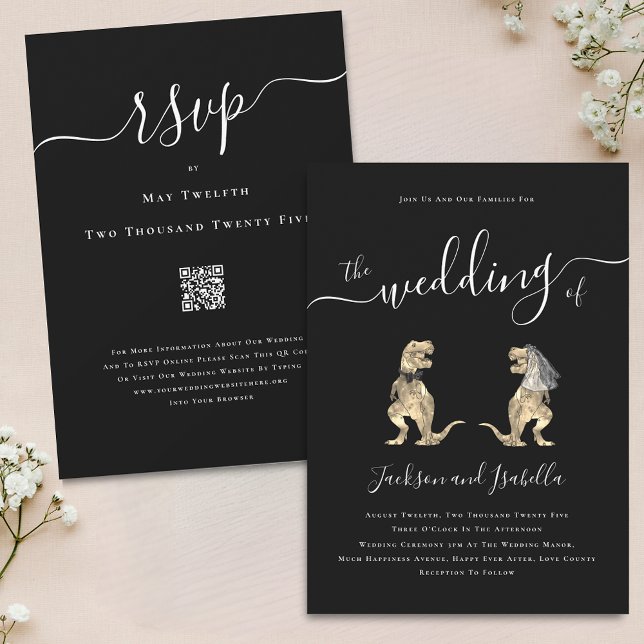 Dinosaur Theme Wedding Black and White QR Code Invitation (Dinosaur theme black and white wedding qr code invitation Elegant modern script T-Rex bride & groom)