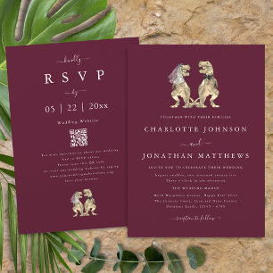 Dinosaur Theme Wedding Burgundy Cream QR Code Invitation