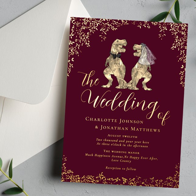 Dinosaur Theme Wedding Burgundy Red and Gold (Dinosaur bride and groom wedding burgundy red and gold foil invitation Eucalyptus foliage )