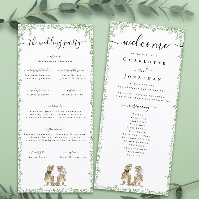 Dinosaur Theme Wedding Ceremony Program (T-Rex bride and groom funny dinosaur wedding ceremony program card Watercolor foliage elegant script)