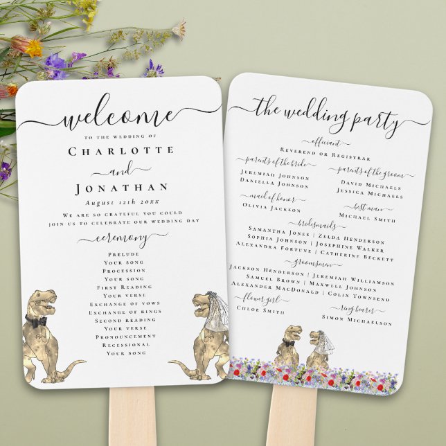 Dinosaur Theme Wedding Ceremony Program Hand Fan (Funny dinosaur bride and groom custom wedding ceremony program fans Watercolor wildflower meadow )
