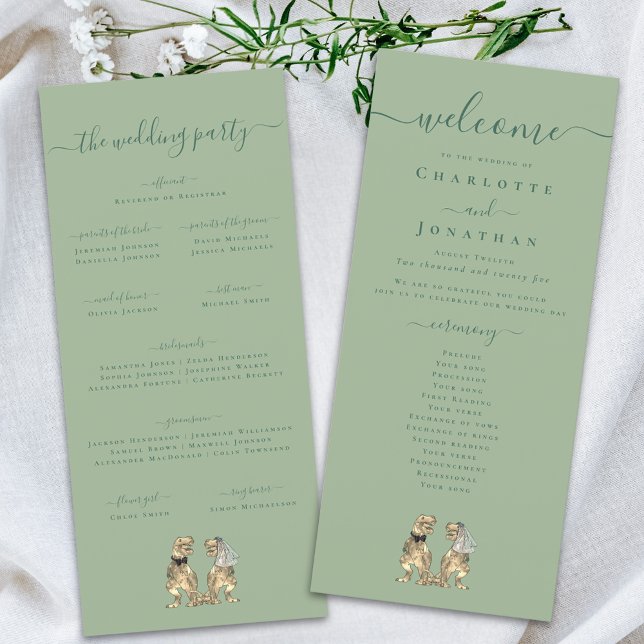 Dinosaur Theme Wedding Ceremony Program Sage Green (Dinosaur theme wedding ceremony program sage green personalized Elegant modern script T-Rex dino)