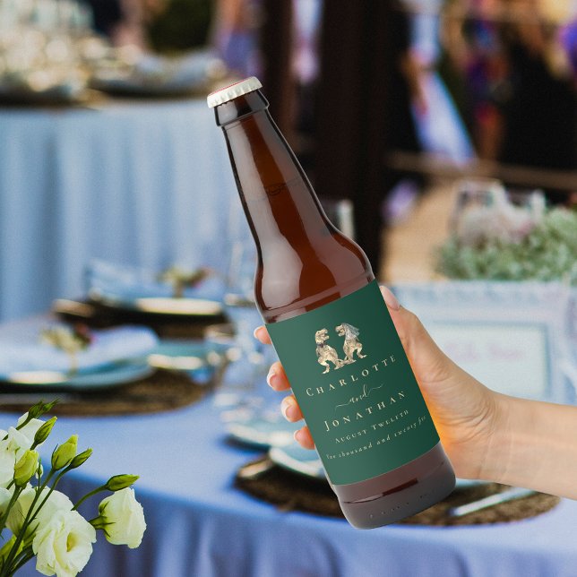 Dinosaur Theme Wedding Dark Green Beer Bottle Label (Dinosaur wedding dark green custom beer labels modern T-Rex bride and groom dino Jurassic wedding)