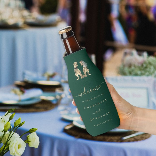 Dinosaur Theme Wedding Dark Green Bottle Cooler (Dinosaur wedding dark green custom beer bottle cooler funny T-Rex Jurassic dino bride and groom )