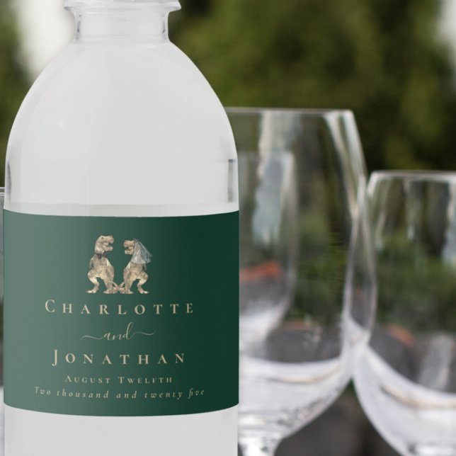 Dinosaur Theme Wedding Dark Green Water Bottle Label (dark green Dinosaur wedding personalized water bottle labels Modern elegant script)