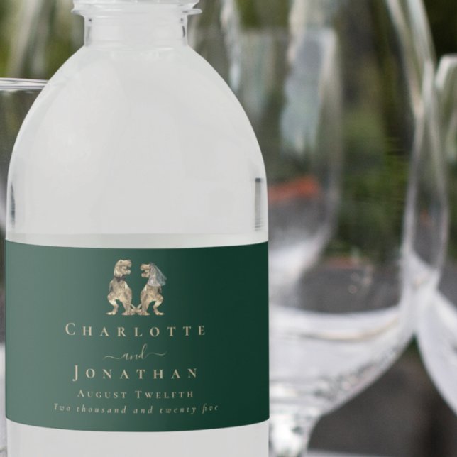 Dinosaur Theme Wedding Dark Green Water Bottle Label (dark green Dinosaur wedding personalized water bottle labels T-Rex dino bride and groom script)