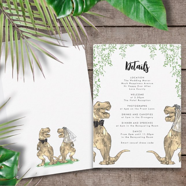 Dinosaur Theme Wedding Details Enclosure Card (T-Rex bride and groom dinosaur wedding invitation details enclosure card)