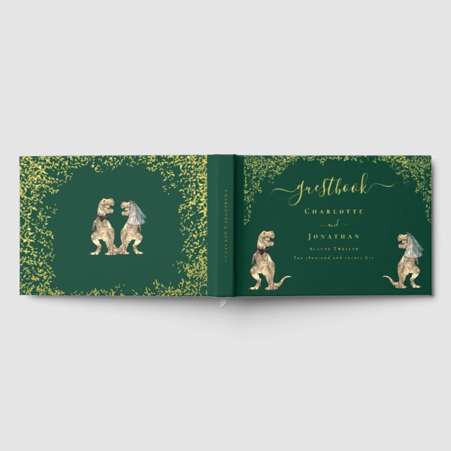 Dinosaur Theme Wedding Foliage Green Gold Guest Book (Full)