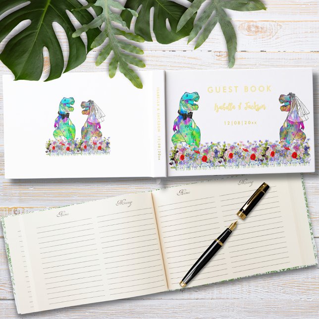 Dinosaur Theme Wedding Gold Guest Book (Dinosaur bride and groom colorful floral dinosaur wedding gold foil guest book)