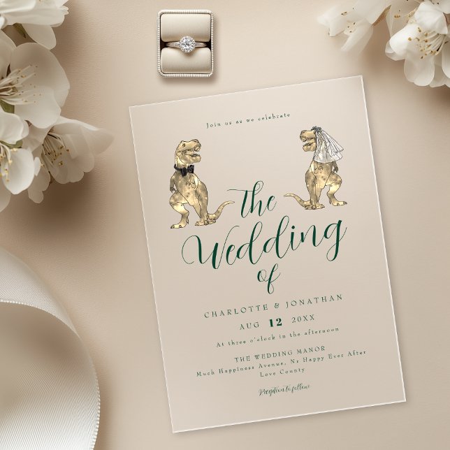 Dinosaur theme Wedding Green Acrylic Invitations (Dinosaur theme wedding dark green modern elegant script acrylic invitation T-Rex dino bride & groom)