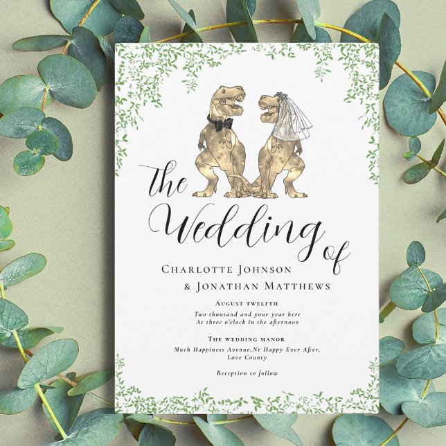 Dinosaur Theme Wedding Invitation (Dinosaur them wedding with watercolor eucalyptus foliage invitation)