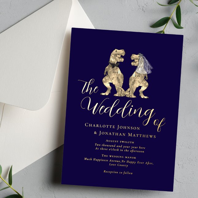 Dinosaur Theme Wedding Navy Blue Gold (Dinosaur theme wedding navy blue gold foil invitation elegant modern calligraphy script T-Rex Dino)