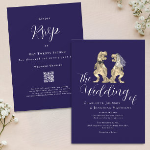 Dinosaur Theme Wedding Navy Blue White QR Code Invitation