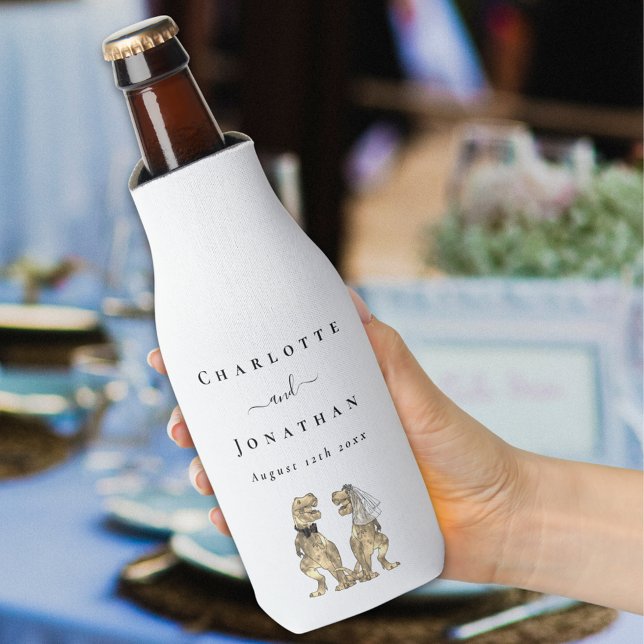 Dinosaur Theme Wedding Personalized  Beer Bottle Label (Dinosaur wedding personalized beer cooler modern elegant script T-Rex bride and groom white & white)