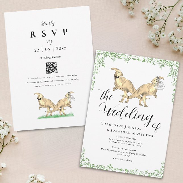 Dinosaur Theme Wedding QR Code Invitation (Cute Dinosaur theme wedding QR Code invitation parasaurolophus Dinosaur bride and groom greenery)