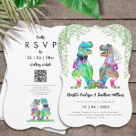 Dinosaur Theme Wedding QR Code  Invitation<br><div class="desc">Delight your guests with this colourful dinosaur theme wedding invitation. These funny dino wedding invitations include colourful dinosaur bride and groom with prehistoric Jurassic jungle foliage illustrations with easy to personalize templates including online RSVP website QR code. Modern typography script templates with the bride and grooms names, the wedding date...</div>