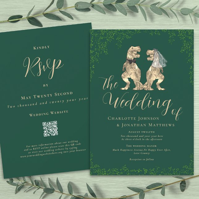 Dinosaur Theme Wedding QR code Invitation (T-Rex dino bride and groom funny dinosaur wedding dark green invitation Eucalyptus foliage )