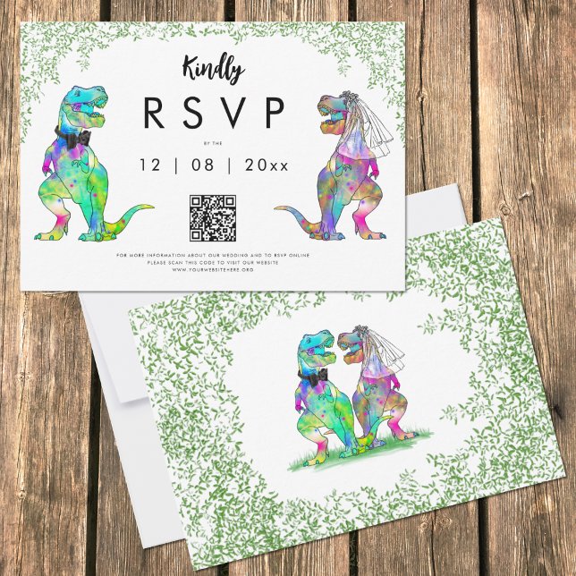 Dinosaur Theme Wedding QR code Reply RSVP Card (Funny Dinosaur Wedding rsvp with T-Rex bride and groom and jungle foliage)
