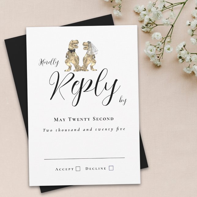 Dinosaur Theme Wedding Reply Black and White RSVP Card (Dinosaur theme wedding black and white invitation RSVP card T-Rex bride and groom elegant script)