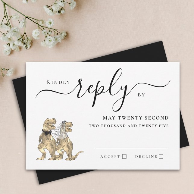 Dinosaur Theme Wedding Reply Black and White RSVP Card (Dinosaur theme wedding black and white invitation RSVP card T-Rex dino bride & groom elegant script)