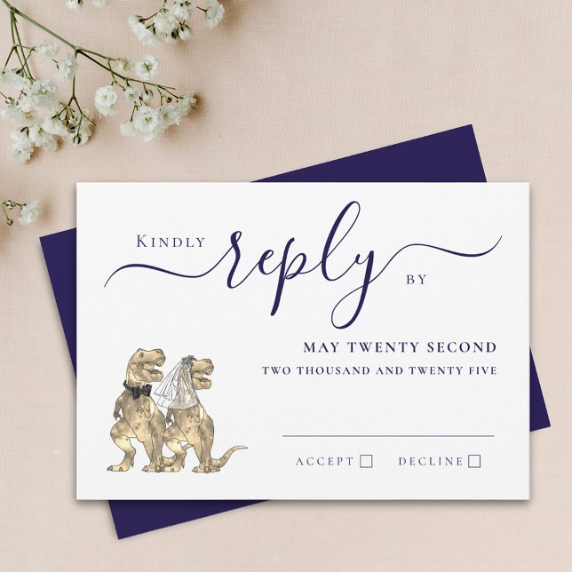 Dinosaur Theme Wedding Reply Navy Blue White RSVP Card (Dinosaur theme wedding navy blue & white RSVP invitation Card T-Rex dino bride & groom elegant )