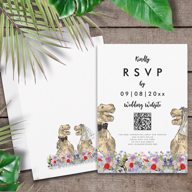 Dinosaur Theme Wedding Reply QR code RSVP Card (T-Rex bride and groom dinosaur wedding website QR code RSVP enclosure card )