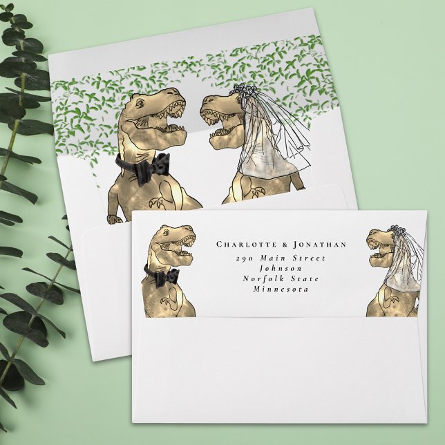 Dinosaur Theme Wedding Return Address  Envelope (Dinosaur themed wedding T-Rex bride and groom custom return for address envelope)
