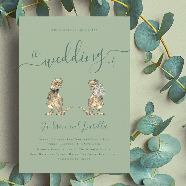Dinosaur Theme Wedding Sage Green Invitation (Sage green dinosaur theme wedding invitation elegant modern script T-Rex dino bride and groom)