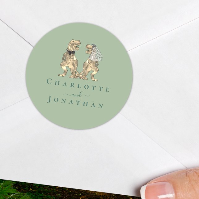 Dinosaur Theme Wedding Sage Green Personalized  Classic Round Sticker (dinosaur theme wedding sage green personalized sticker T-Rex dino bride and groom names elegant)