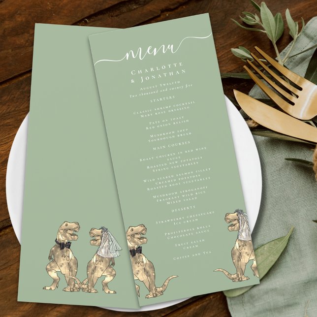 Dinosaur Theme Wedding Sage Green & White Menu (Dinosaur wedding modern elegant script sage green & white menu card T-Rex dino bride & groom)